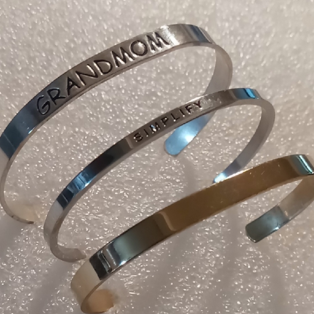 Grandma Silver Cuff Bracelet & Gold Tone Silver and Gold Engraved Bracelets 3